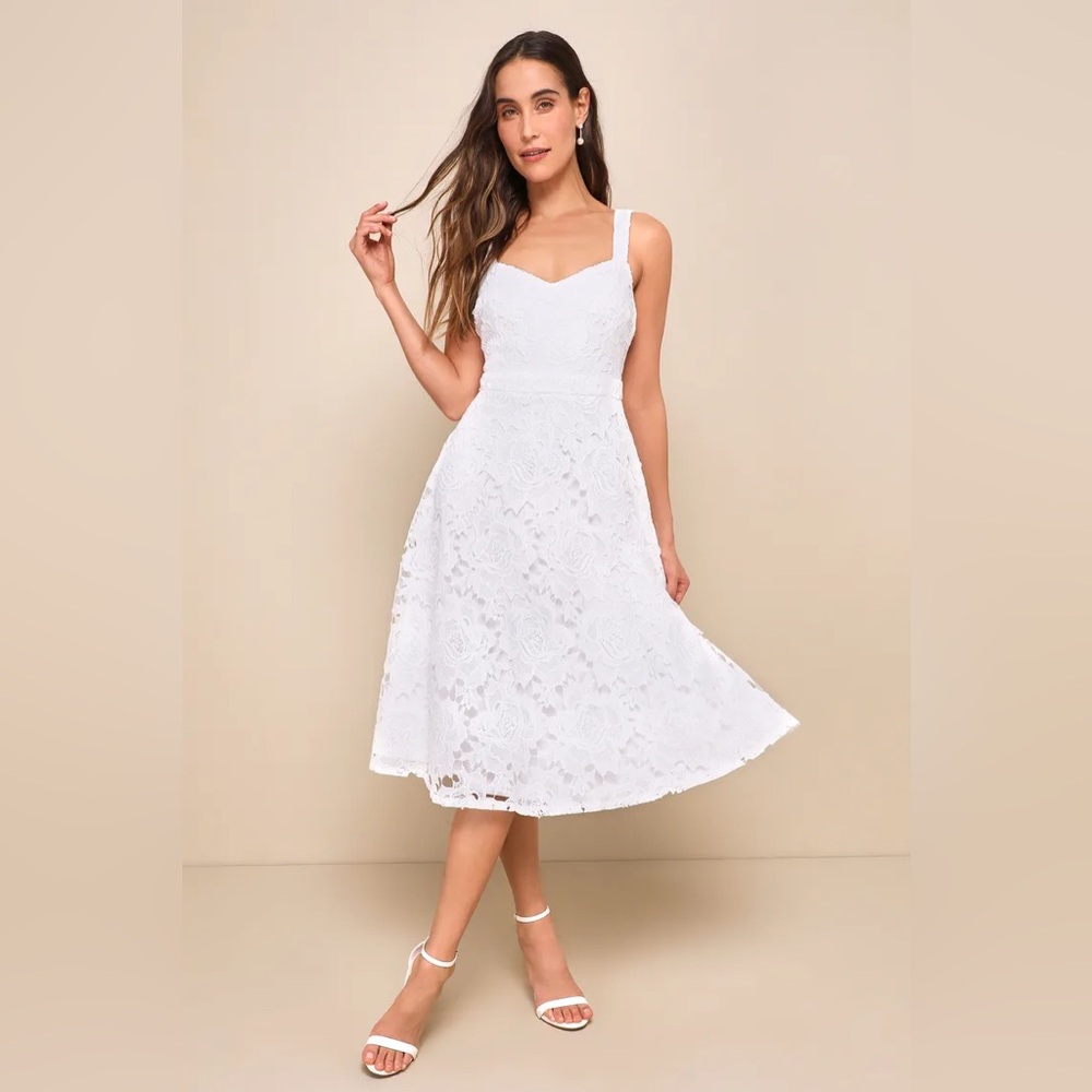 Lulus Divine Beauty White Lace Midi Dress With Pockets